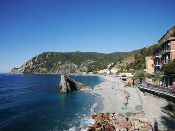 Scenic view of sea against clear blue sky