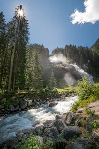 Stream flowing through rocks in forest against sky