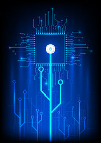 Digital composite image of illuminated circuit board against black background