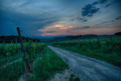 Road amidst field against sky during sunset