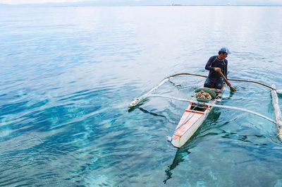 High angle view of men in boat