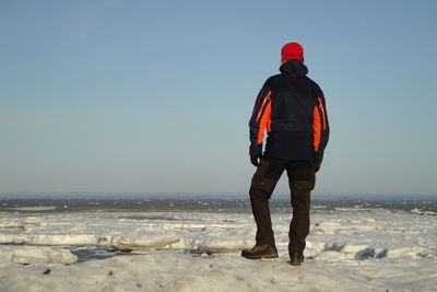 Rear view of man walking on shore against clear sky