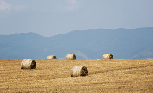 Hay bales on field against sky