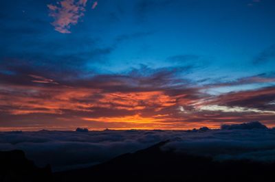 Scenic view of silhouette mountains against sky at sunset