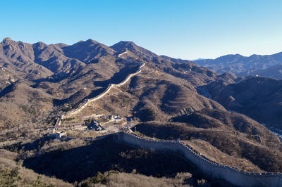 Scenic view of mountains against clear blue sky