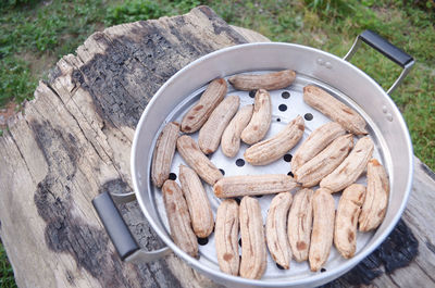 High angle view of bread in bowl on table