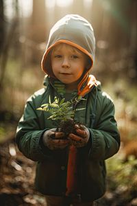 Young boy holding a plant in his hands in the forest. ai generated