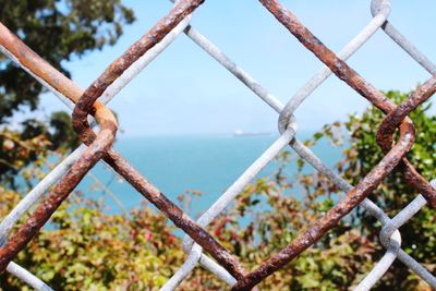 Close-up of rusty metal fence by sea against sky