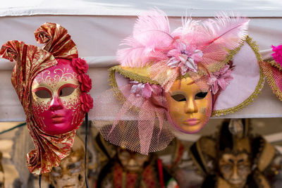 Close-up of venetian masks for sale