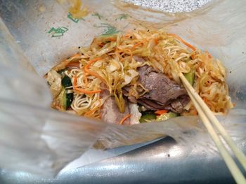 High angle view of food in plate on table