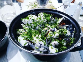 High angle view of salad in bowl on table