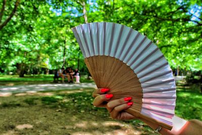 Cropped woman holding hand fan in park