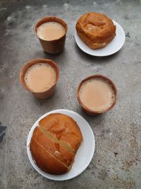 High angle view of breakfast on table