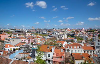 High angle shot of townscape against sky