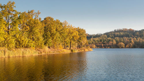 Scenic view of lake against sky during autumn