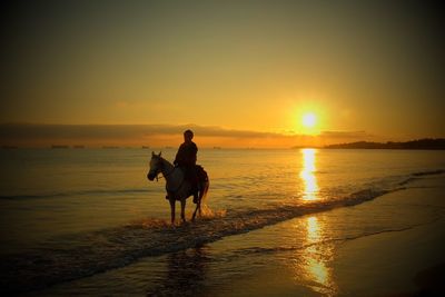 Silhouette man riding on beach against sky during sunset