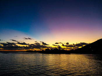 Scenic view of sea against romantic sky at sunset