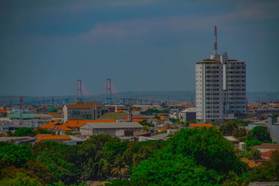 High angle view of buildings against sky