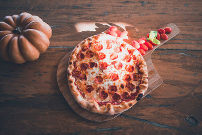 High angle view of pizza on table