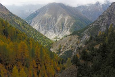 Scenic view of mountains against sky during autumn