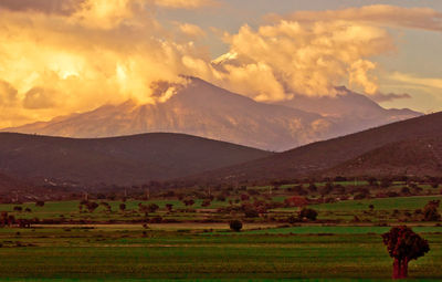 Scenic view of field and mountains against sky