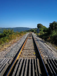 Railroad tracks against clear blue sky