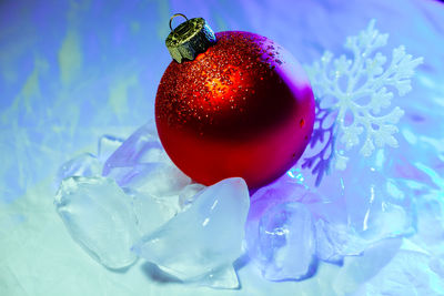 Close-up of christmas decoration on ice