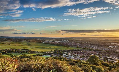 High angle view of landscape against sky during sunset