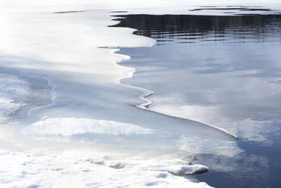 Melting of ice on the lake in early spring. trees, sky and clouds are reflected in the water.