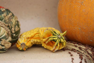 Close-up of pumpkin on table at market