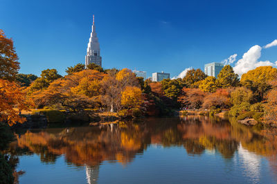 Reflection of trees and buildings on lake during autumn