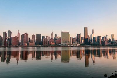 Reflection of buildings in city against clear sky