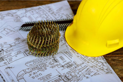 High angle view of equipment on table