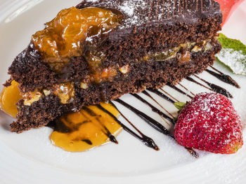 High angle view of fresh sachertorte served in plate