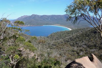 Scenic view of sea and mountains against sky