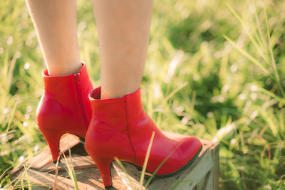 Low section of woman wearing red shoes