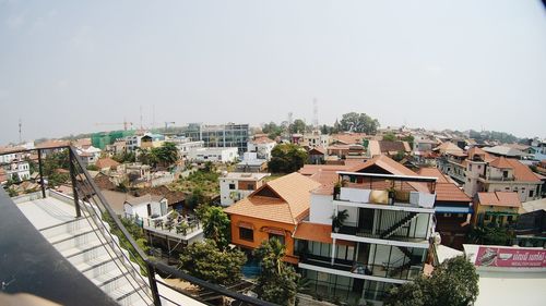 High angle view of cityscape against clear sky