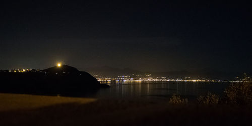 Illuminated city by river against sky at night