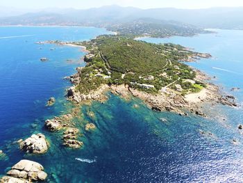 High angle view of sea and mountains