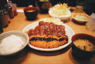 High angle view of meal served on table