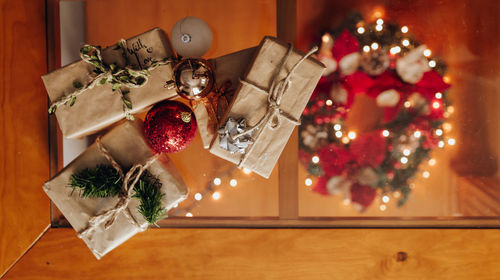 High angle view of christmas decorations on table