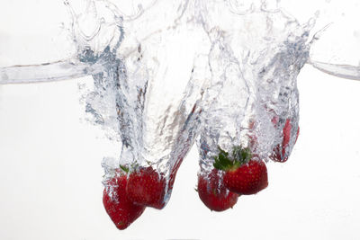 Close-up of frozen berries against white background