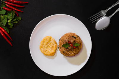 High angle view of breakfast served on table