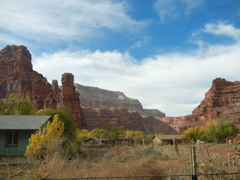 Rock formations on landscape against sky