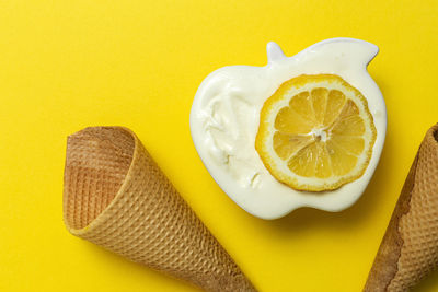 High angle view of lemon slice on table