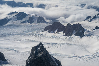 Scenic view of snow covered mountains against sky