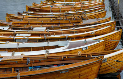 High angle view of boats moored at dock