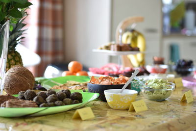 Close-up of breakfast on table at home