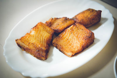 High angle view of bread in plate on table