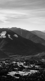 Scenic view of mountains against sky in monochrome